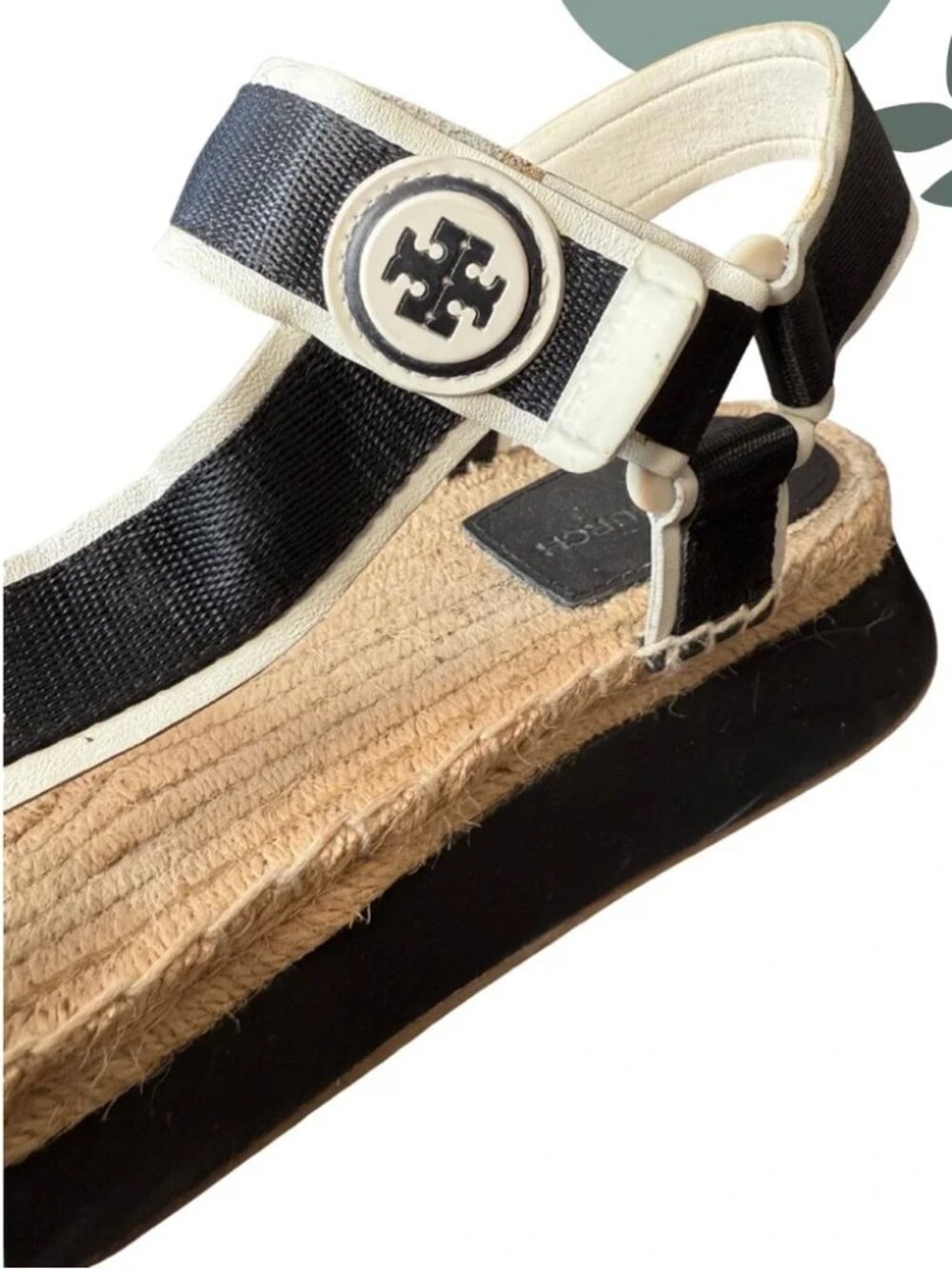 Tory Burch Black White Tan Espadrille Platform Sandals Velcro Closure Size 10